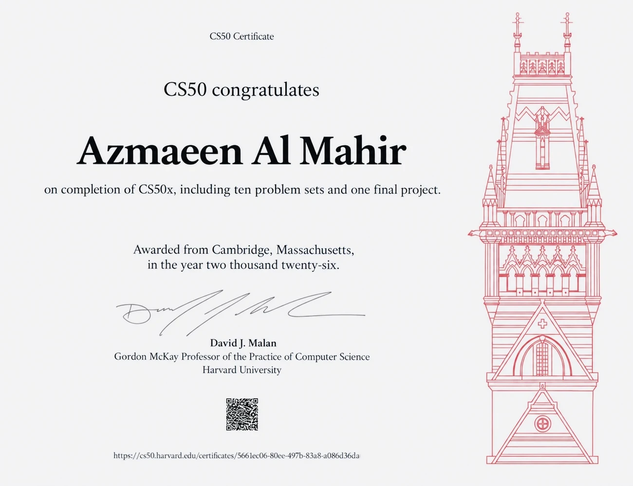 CS50 certificate awarded to Azmaeen Al Mahir by Harvard University