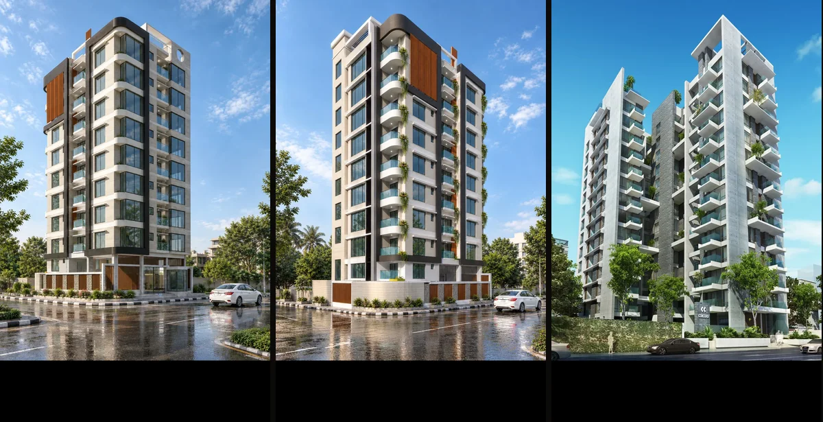 3D tower model beside residential tower renders